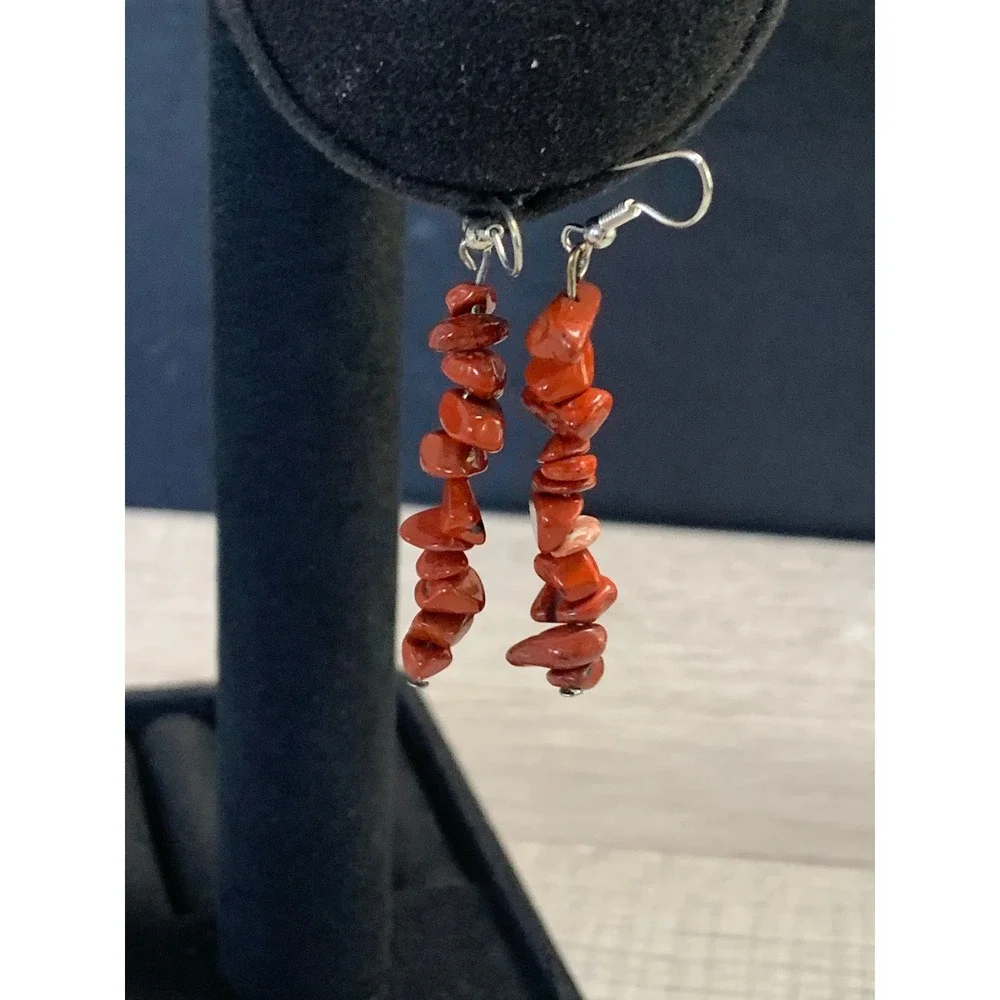 Red Jasper Stone Chip Dangle Earrings Silver Tone Boho Drop 4528